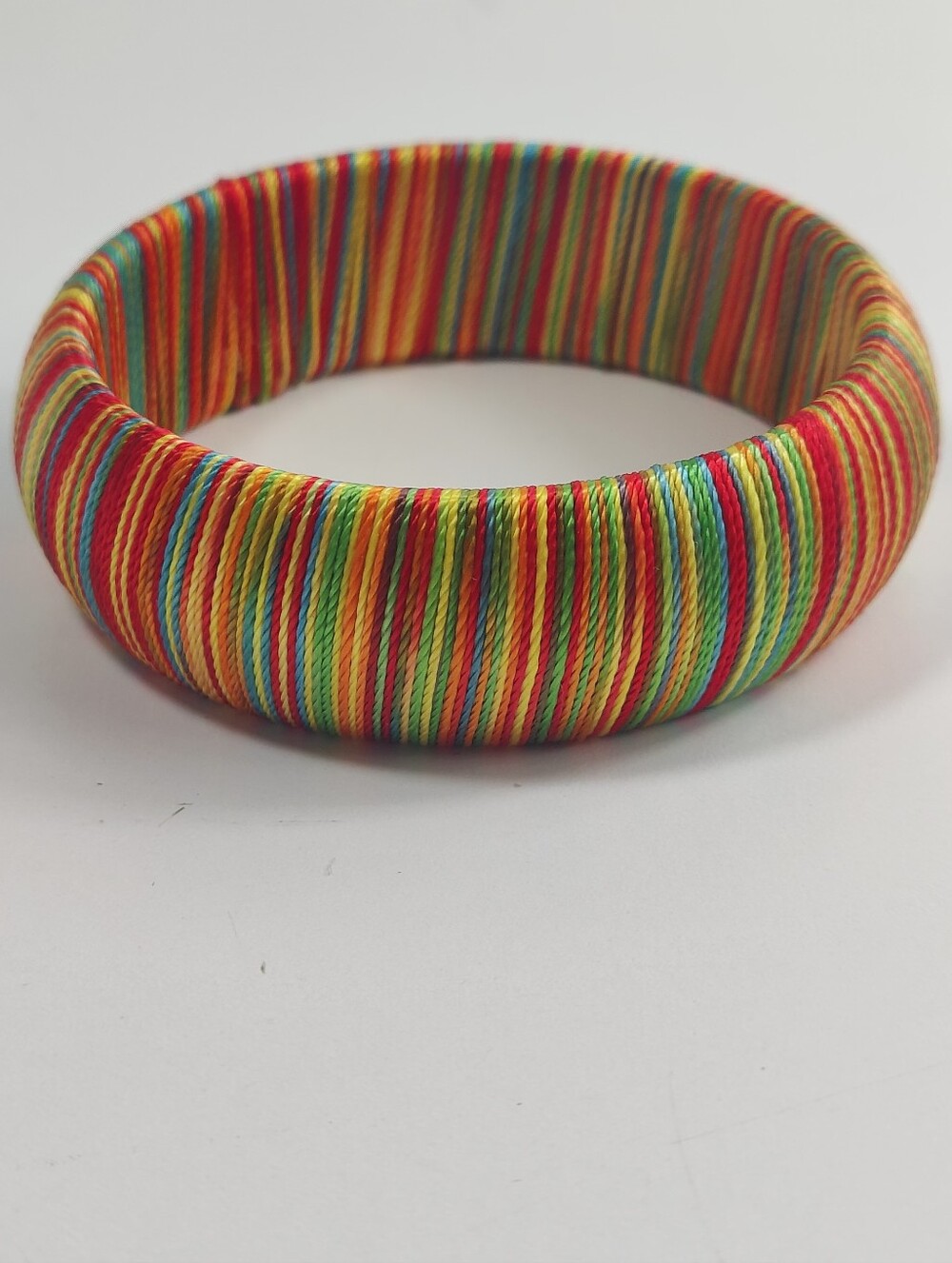 Colorful Rainbow Thread Wrapped Wooden Bangle Bracelet Boho Artisan Statement 8" - Picture 3 of 3